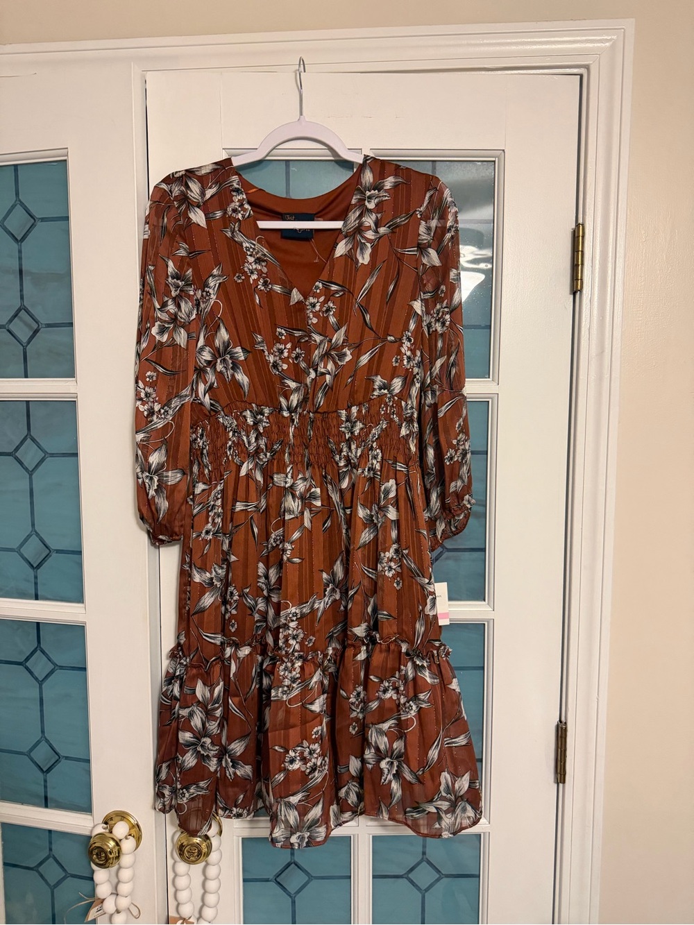 Just...Taylor Rust Floral Long Sleeve Tiered Midi Dress